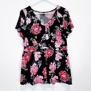 Torrid Black Pink Floral Blouse Empire Waist V-Neck Short Sleeve S 00 Medium